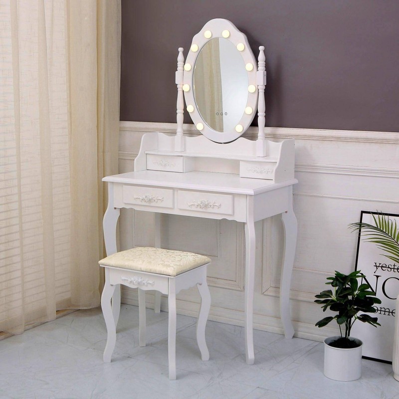 Tocador blanco con taburete y luces led Charm