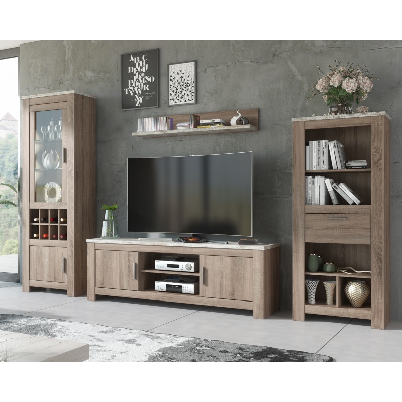 Composición mueble salón con bajo TV, estante, apilable y mesa centro